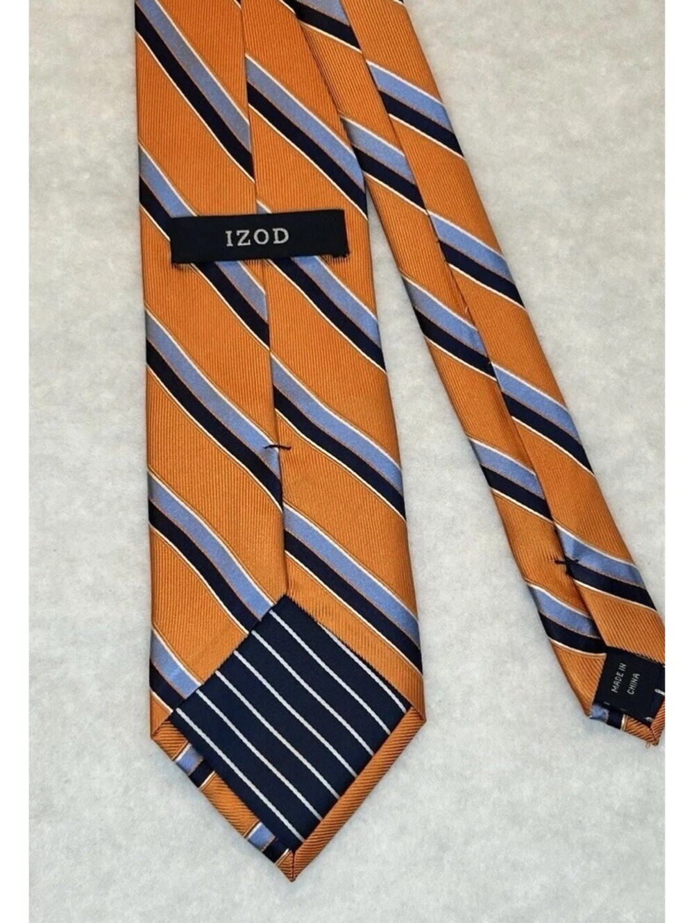 101-IZOD Men's Woven Striped Tie Orange Blue White with Logo Accent